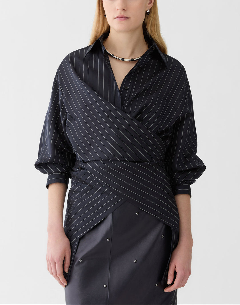 PINSTRIPE SILK CONVERTIBLE WRAP BLOUSE