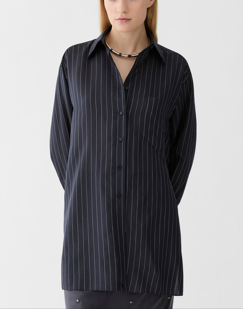 PINSTRIPE SILK CONVERTIBLE WRAP BLOUSE