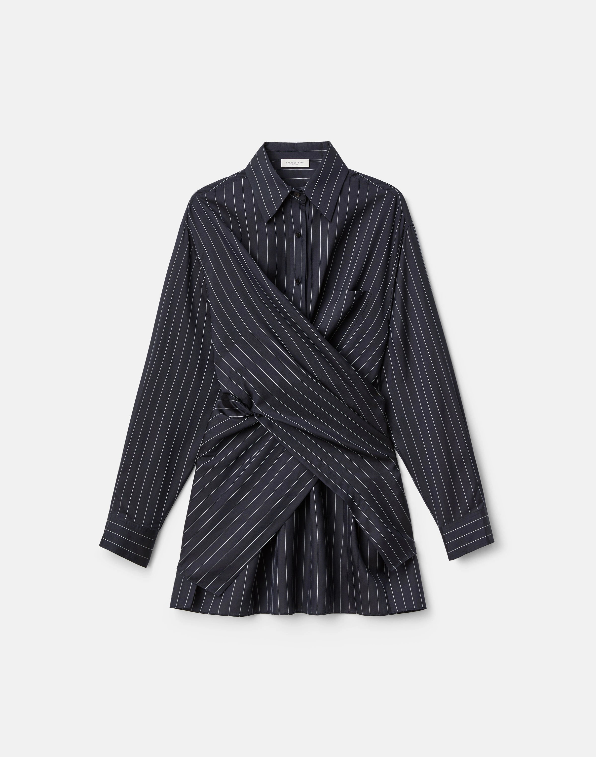 PINSTRIPE SILK CONVERTIBLE WRAP BLOUSE