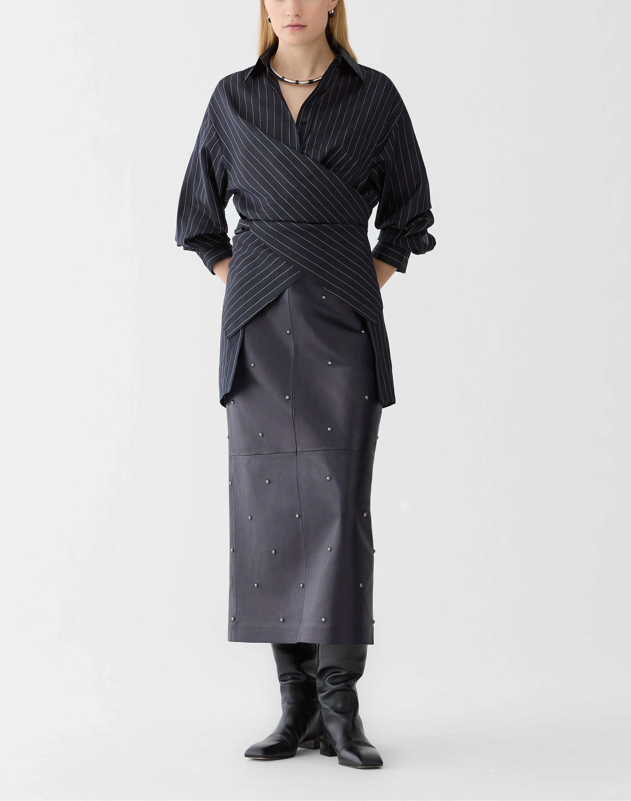 PINSTRIPE SILK CONVERTIBLE WRAP BLOUSE