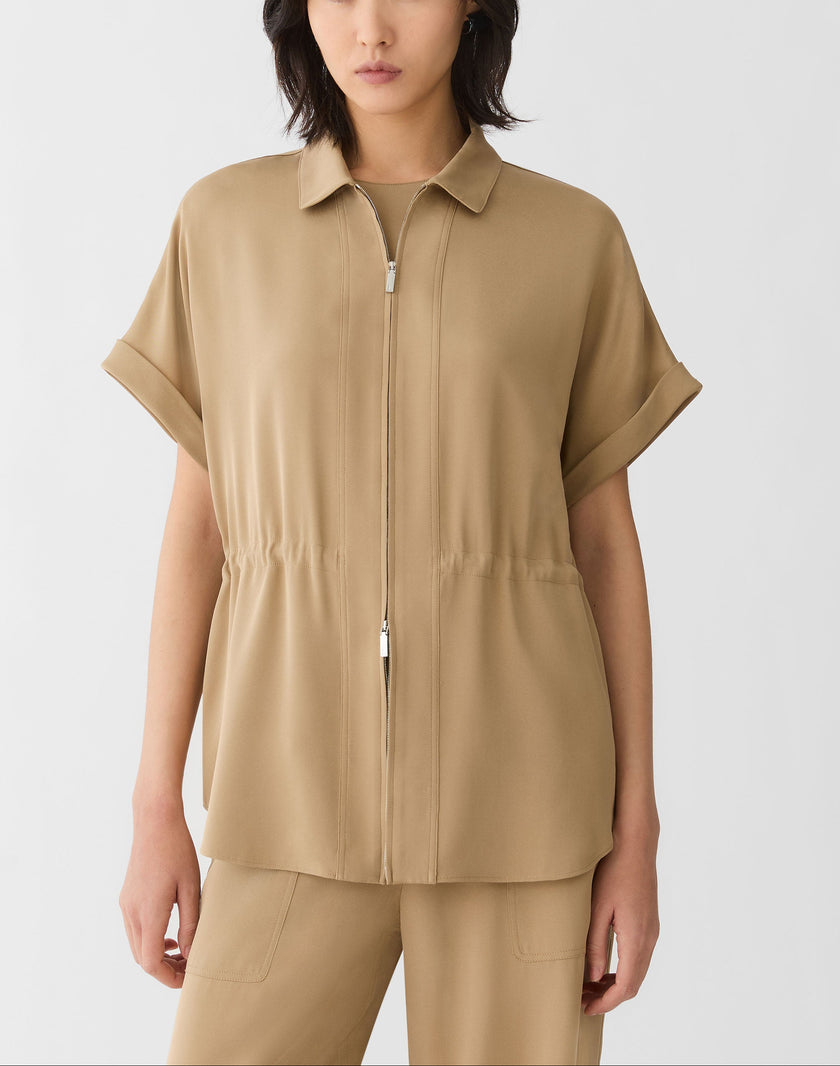 ORGANIC SILK STRETCH GEORGETTE ZIP FRONT BLOUSE