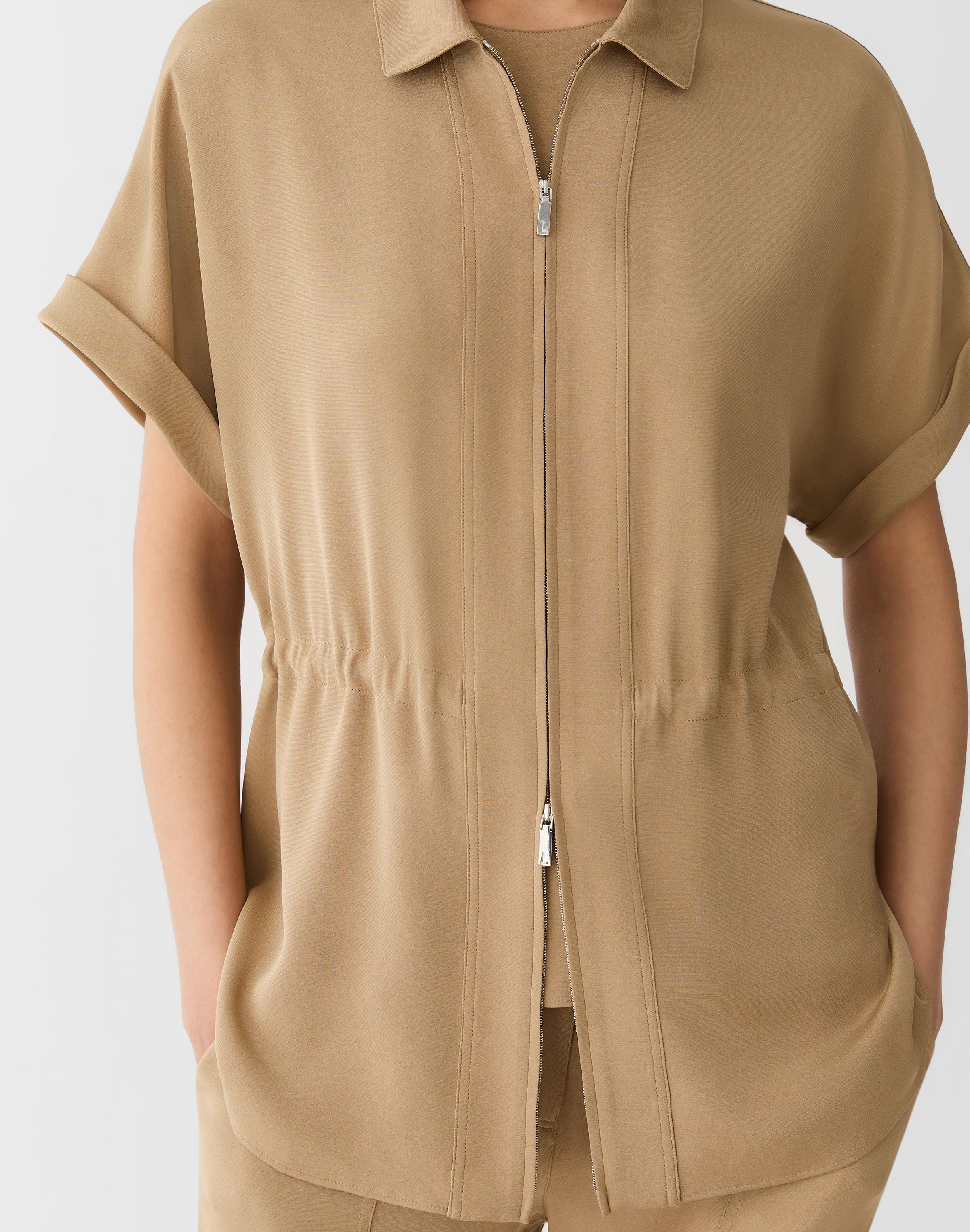 ORGANIC SILK STRETCH GEORGETTE ZIP FRONT BLOUSE