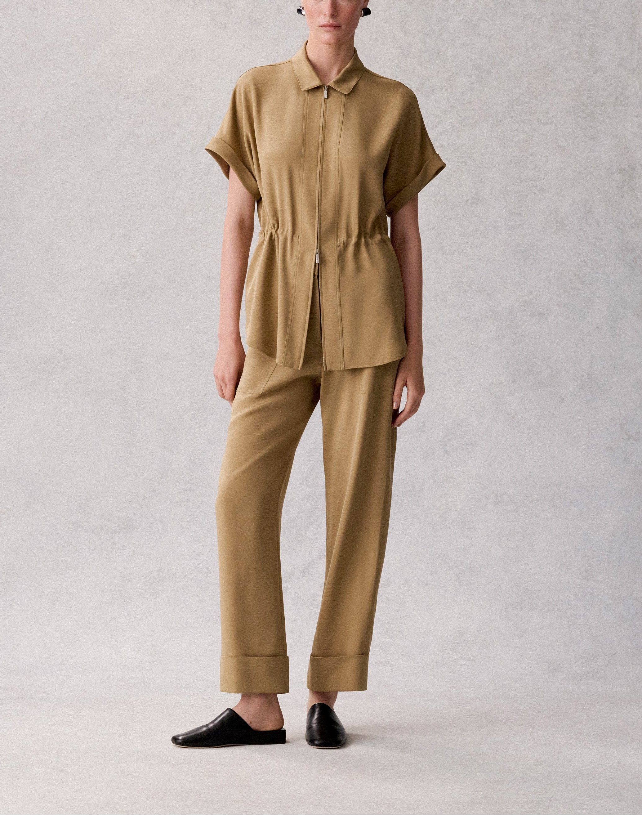 ORGANIC SILK STRETCH GEORGETTE ZIP FRONT BLOUSE