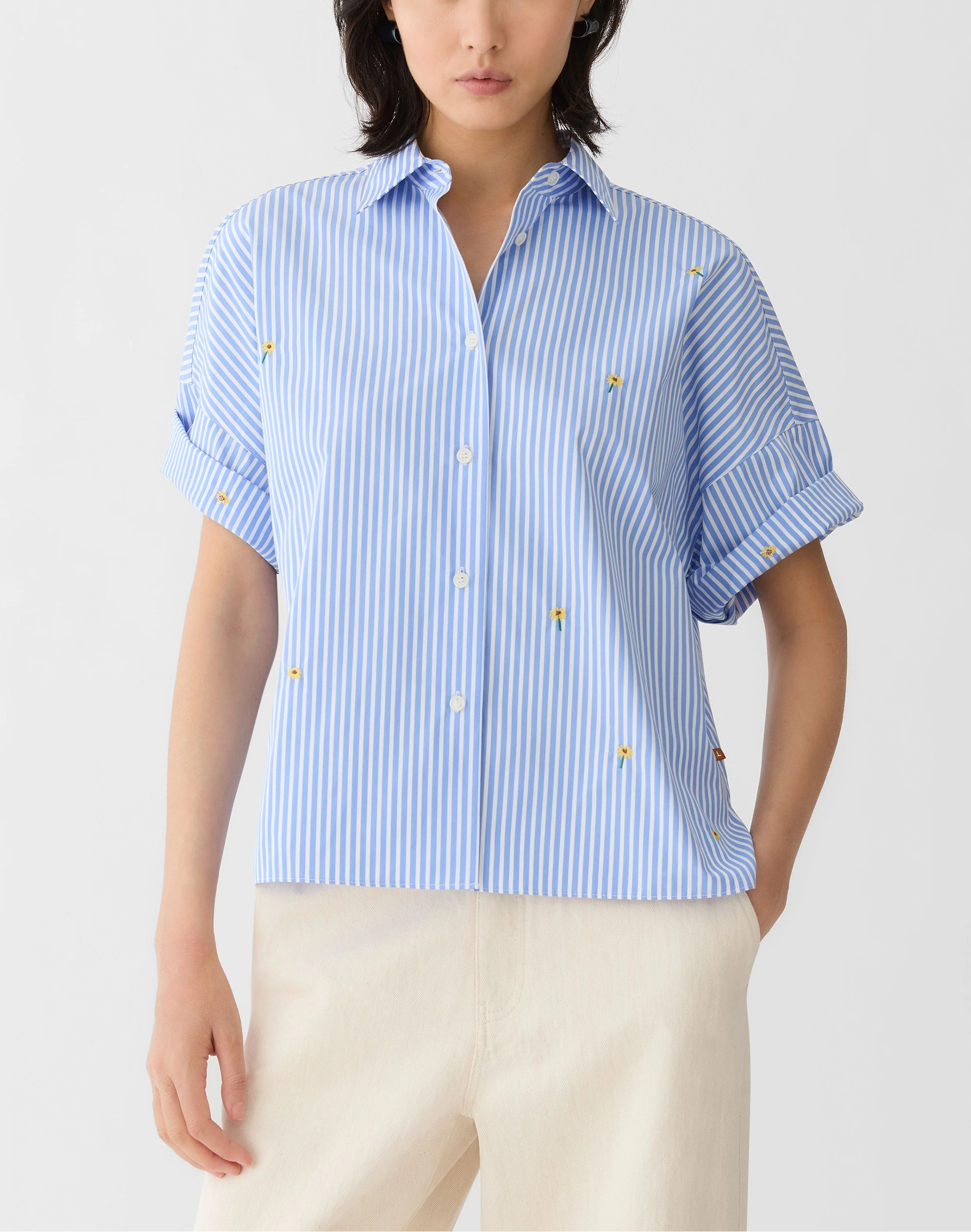 STRIPED COTTON FLORAL EMBROIDERED SHIRT