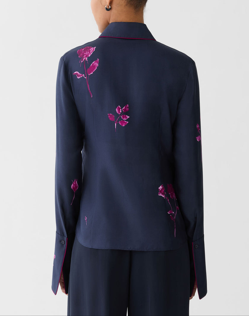ROSE PRINT SILK TWILL FRENCH CUFF BLOUSE