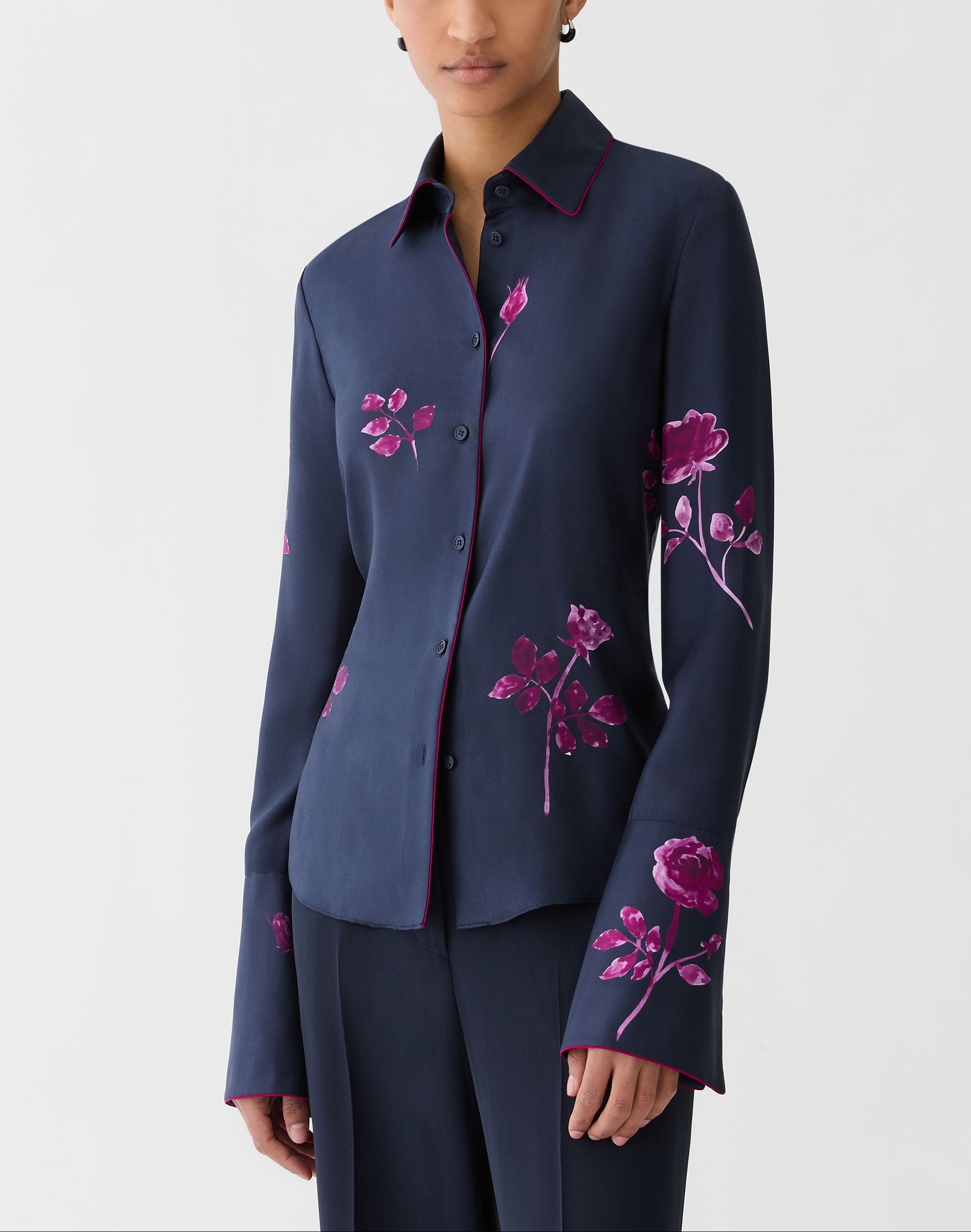 ROSE PRINT SILK TWILL FRENCH CUFF BLOUSE