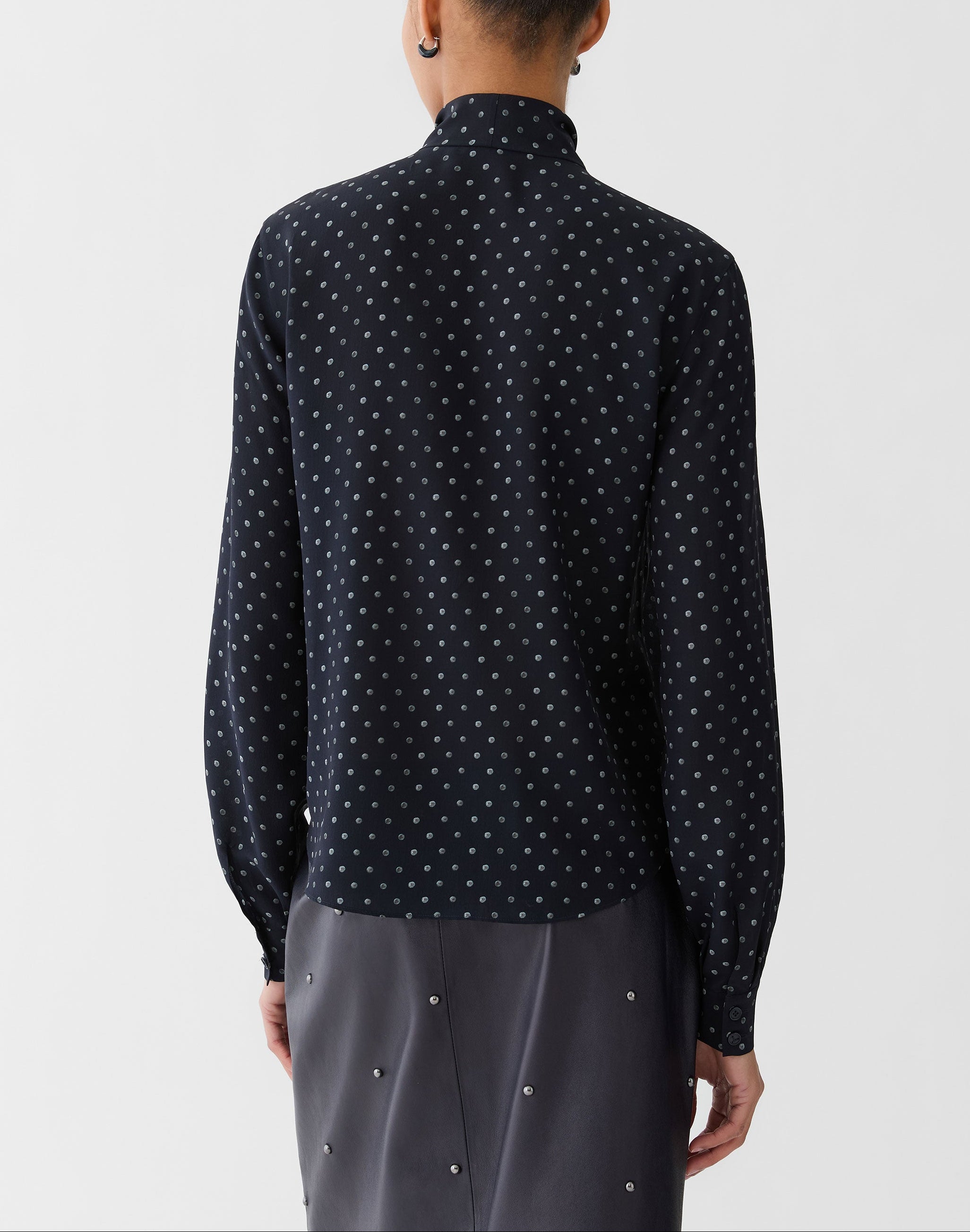 POLKA DOT PRINT SILK CREPE DE CHINE TIE NECK BLOUSE