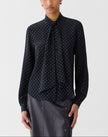 POLKA DOT PRINT SILK CREPE DE CHINE TIE NECK BLOUSE
