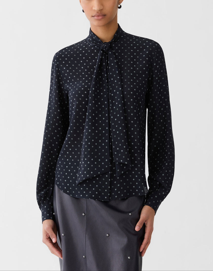 POLKA DOT PRINT SILK CREPE DE CHINE TIE NECK BLOUSE