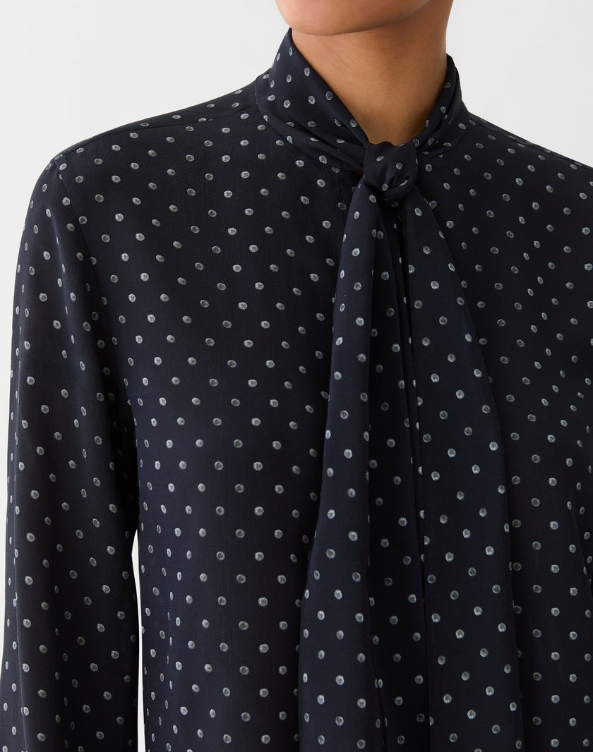 POLKA DOT PRINT SILK CREPE DE CHINE TIE NECK BLOUSE