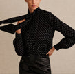 POLKA DOT PRINT SILK CREPE DE CHINE TIE NECK BLOUSE