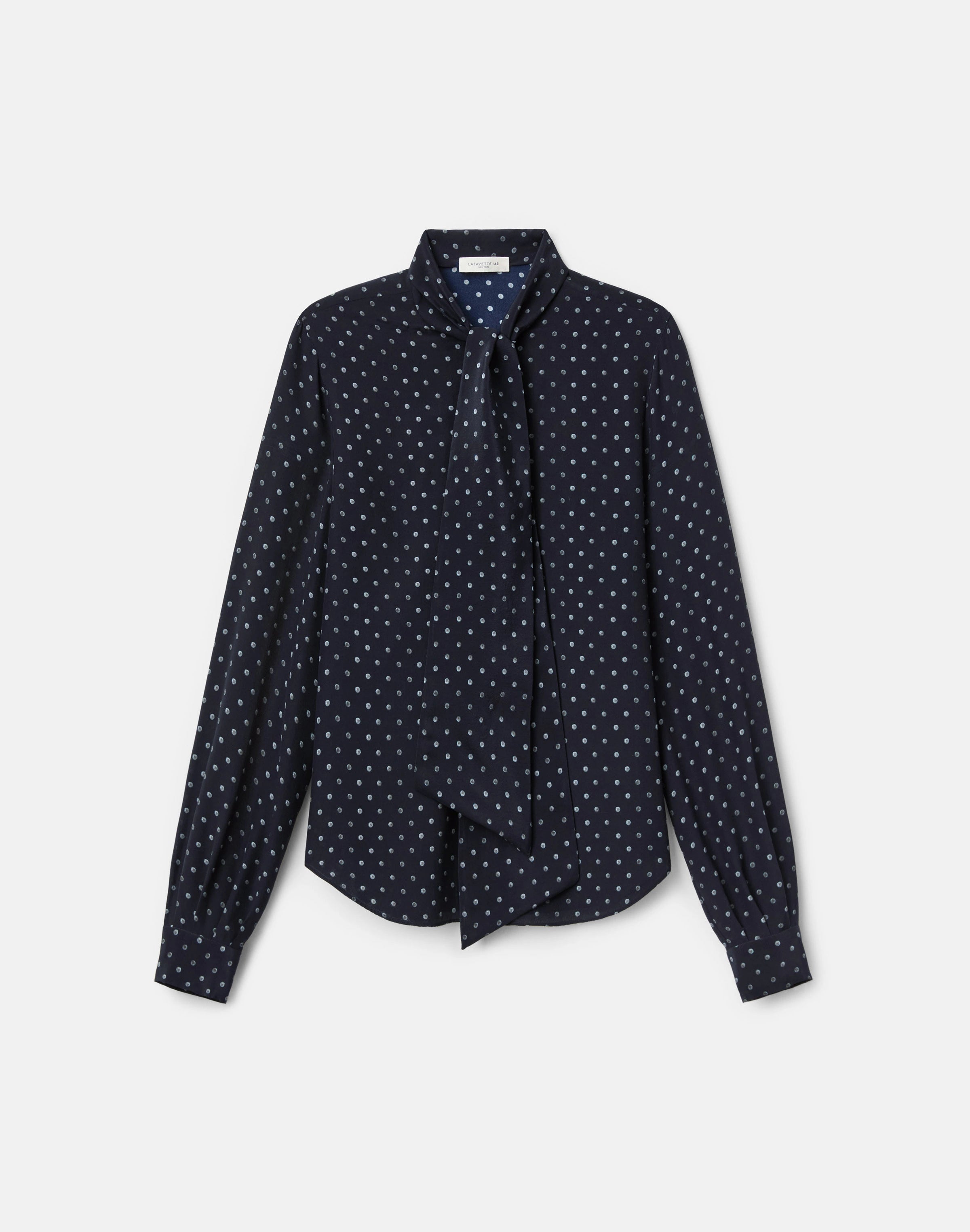 POLKA DOT PRINT SILK CREPE DE CHINE TIE NECK BLOUSE