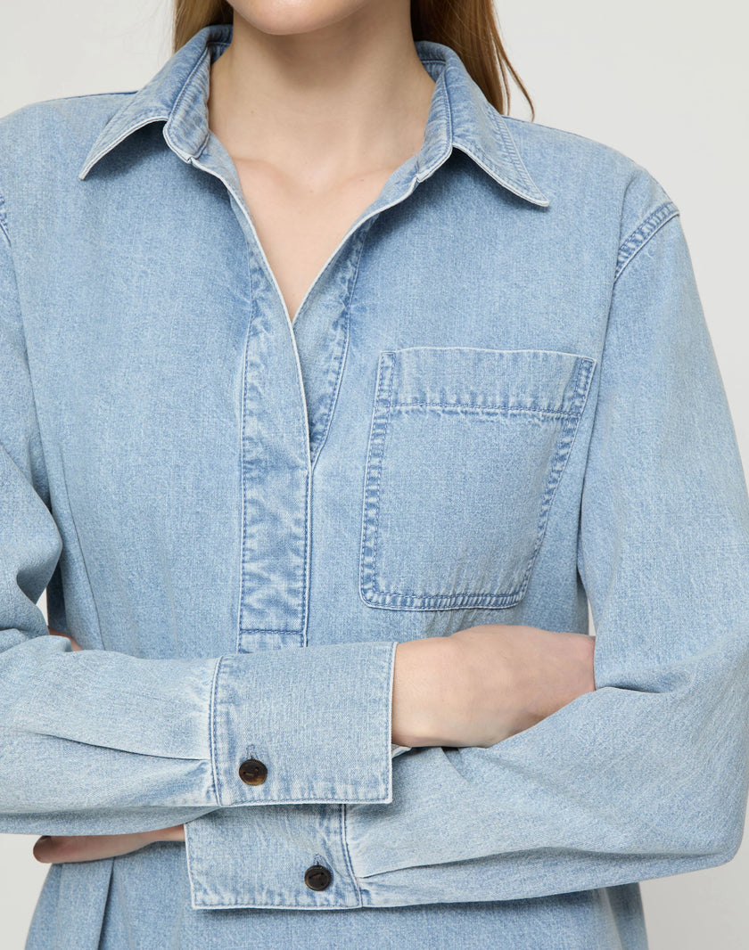 LIGHTWEIGHT DENIM PATCH POCKET POPOVER DRESS