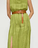 GLOSSY PLEATED BELTED DRESS