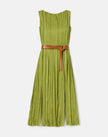 GLOSSY PLEATED BELTED DRESS
