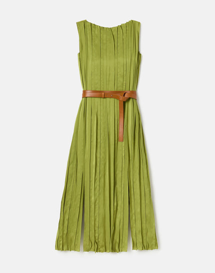 GLOSSY PLEATED BELTED DRESS