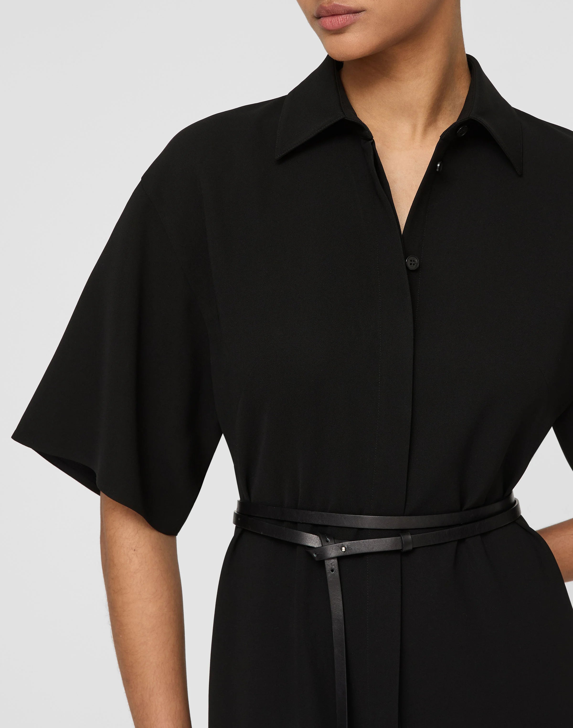 RESPONSIBLE FINESSE CREPE BELTED MIDI SHIRTDRESS
