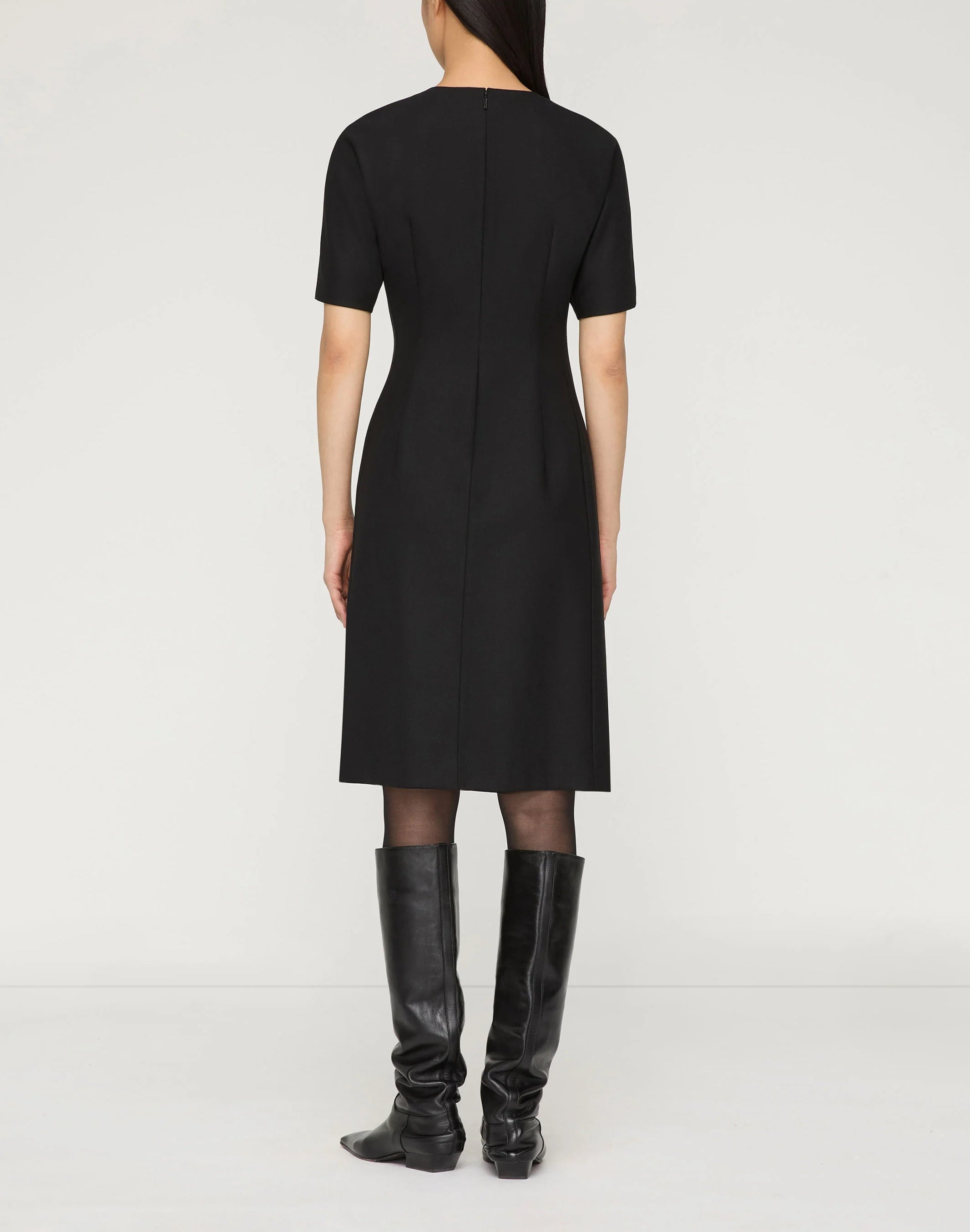 RESPONSIBLE STRETCH WOOL PLEATED WAIST SHORT SLEEVE  DRESS