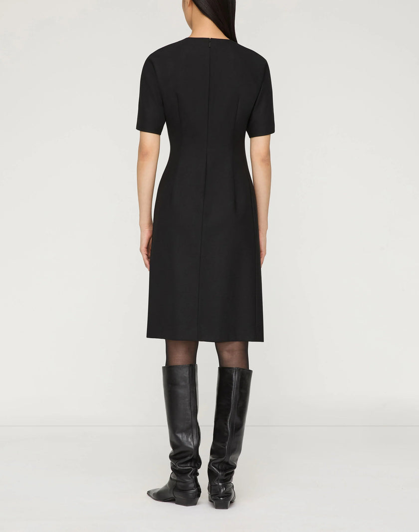 RESPONSIBLE STRETCH WOOL PLEATED WAIST SHORT SLEEVE  DRESS