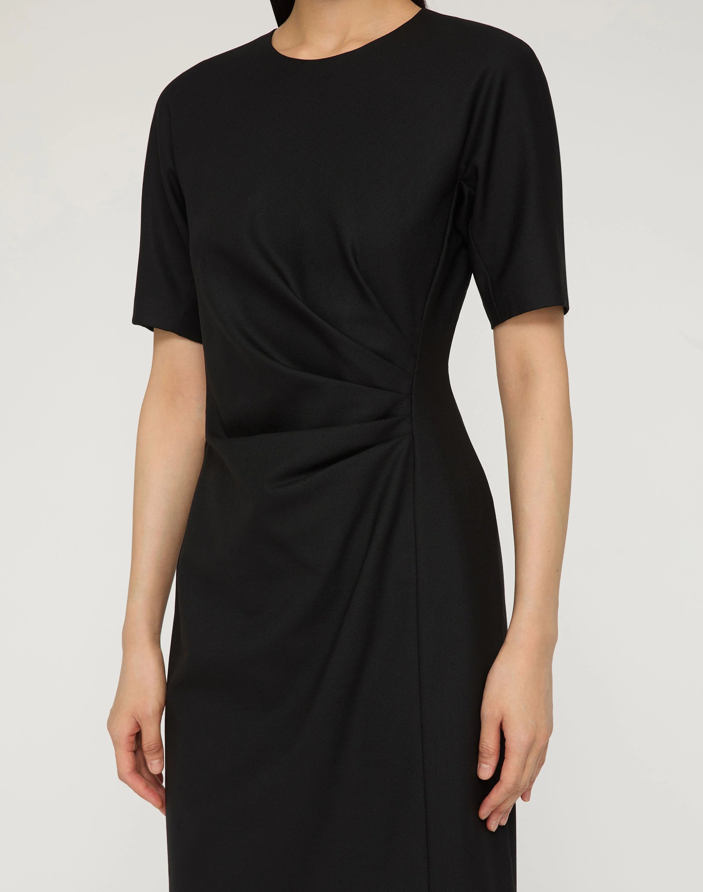 RESPONSIBLE STRETCH WOOL PLEATED WAIST SHORT SLEEVE  DRESS