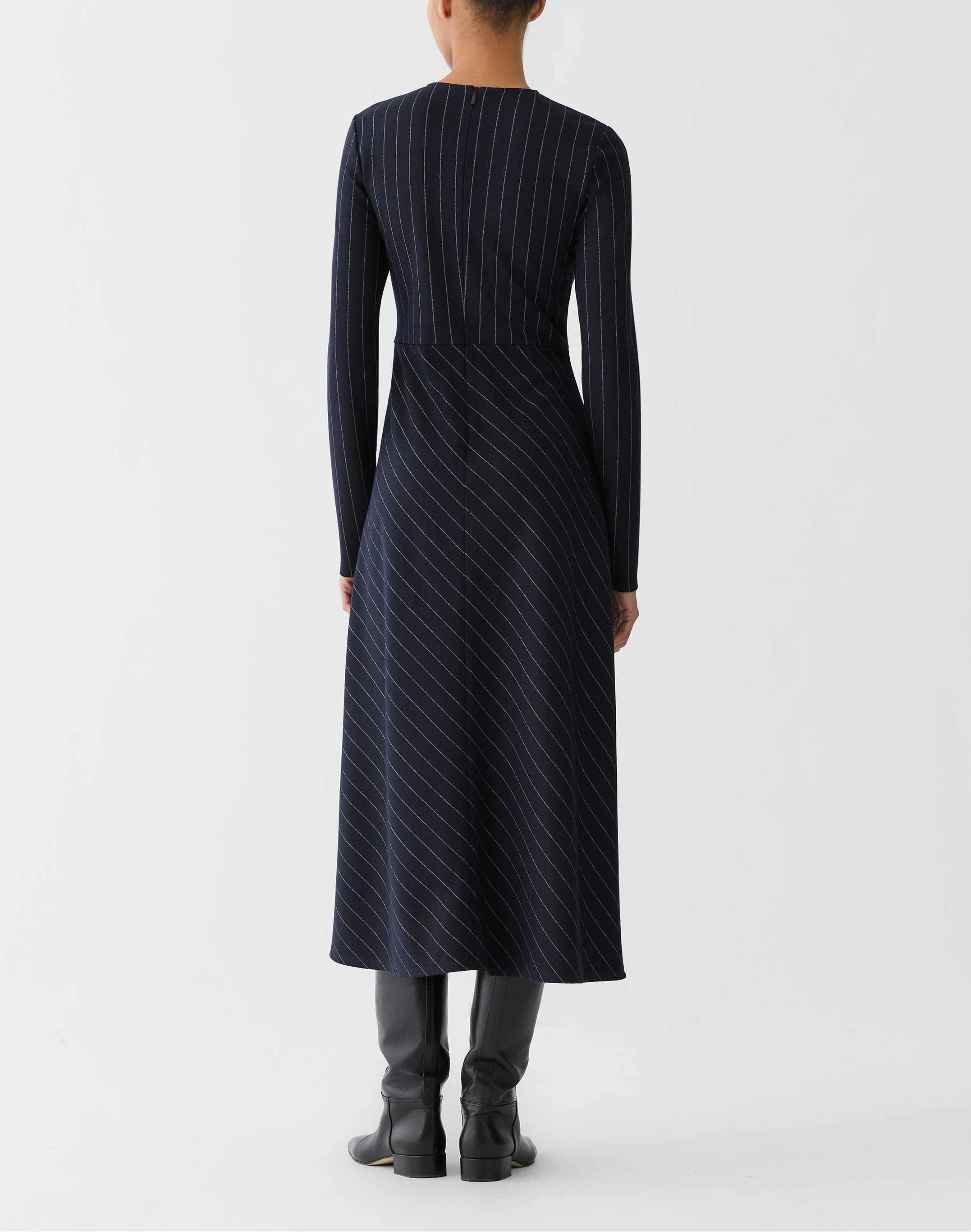 PINSTRIPE WOOL JERSEY LONG SLEEVE DRESS