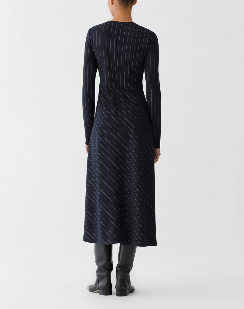 PINSTRIPE WOOL JERSEY LONG SLEEVE DRESS