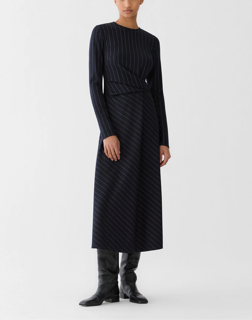 PINSTRIPE WOOL JERSEY LONG SLEEVE DRESS