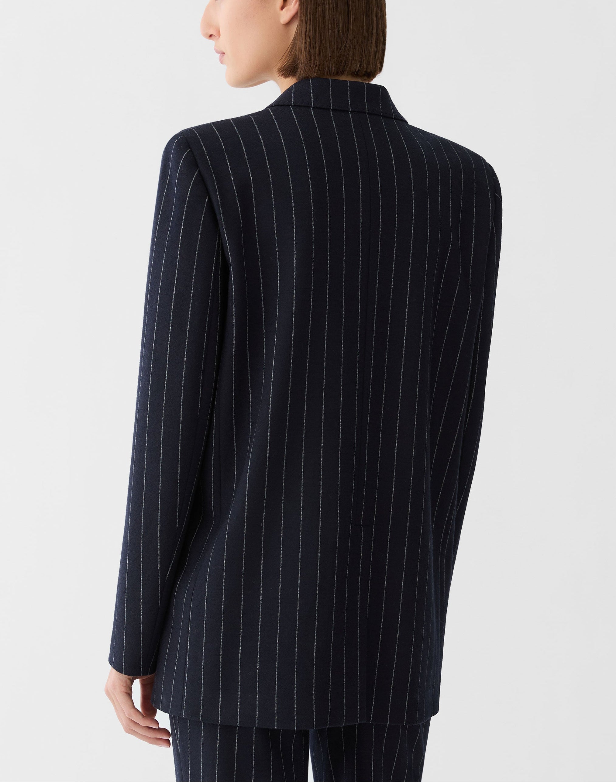 PINSTRIPE WOOL JERSEY DOUBLE BREASTED BLAZER