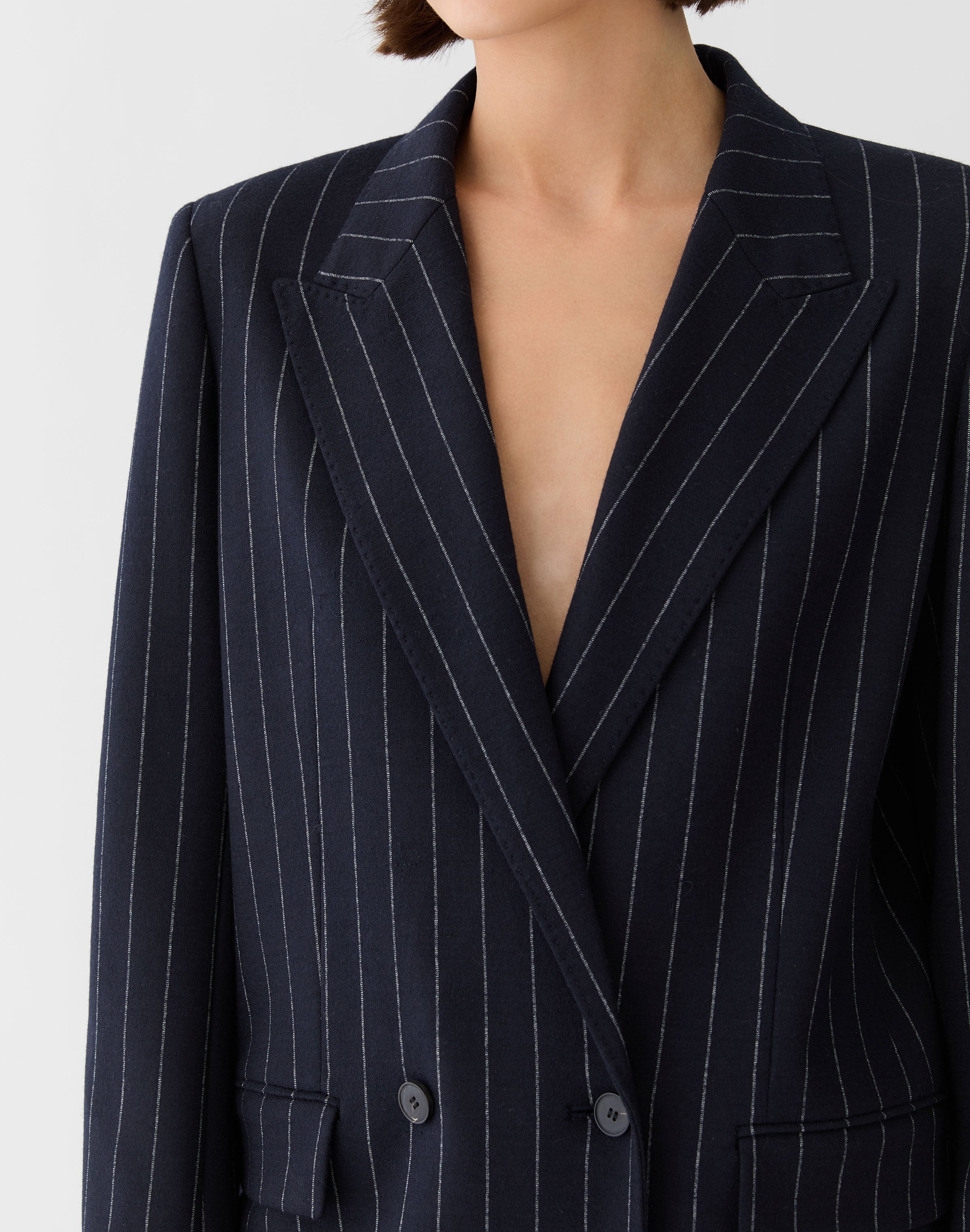 PINSTRIPE WOOL JERSEY DOUBLE BREASTED BLAZER