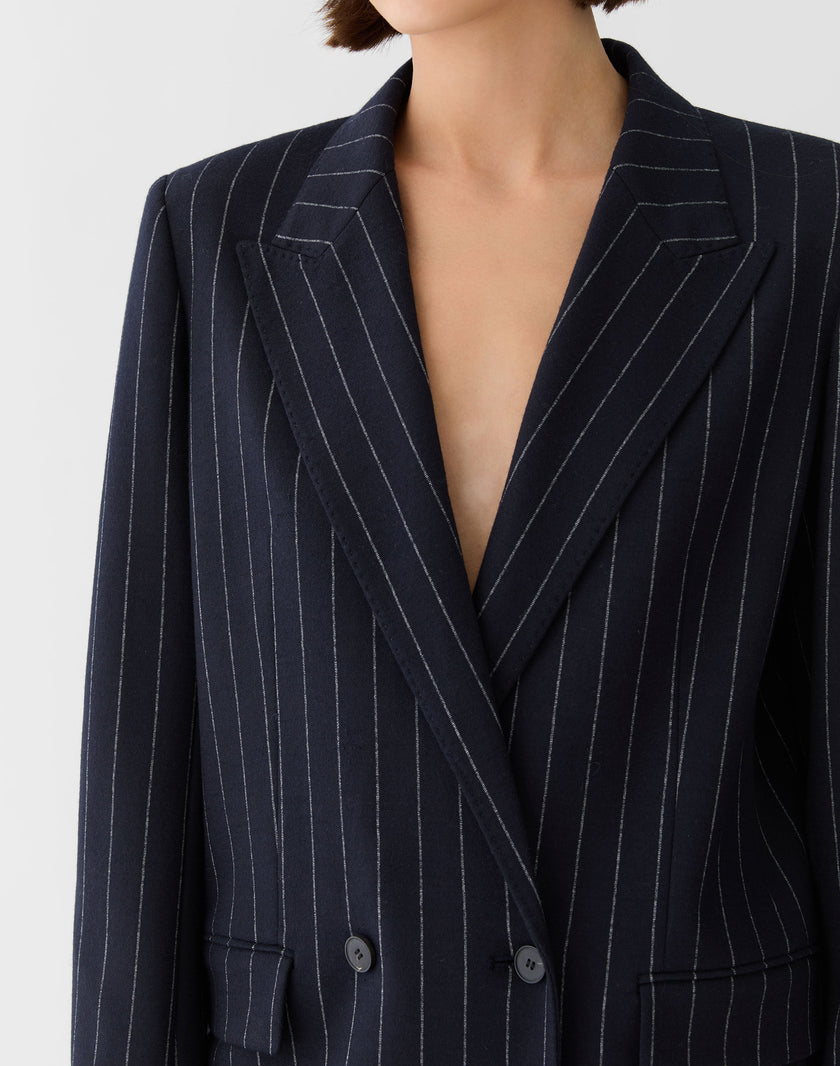 PINSTRIPE WOOL JERSEY DOUBLE BREASTED BLAZER