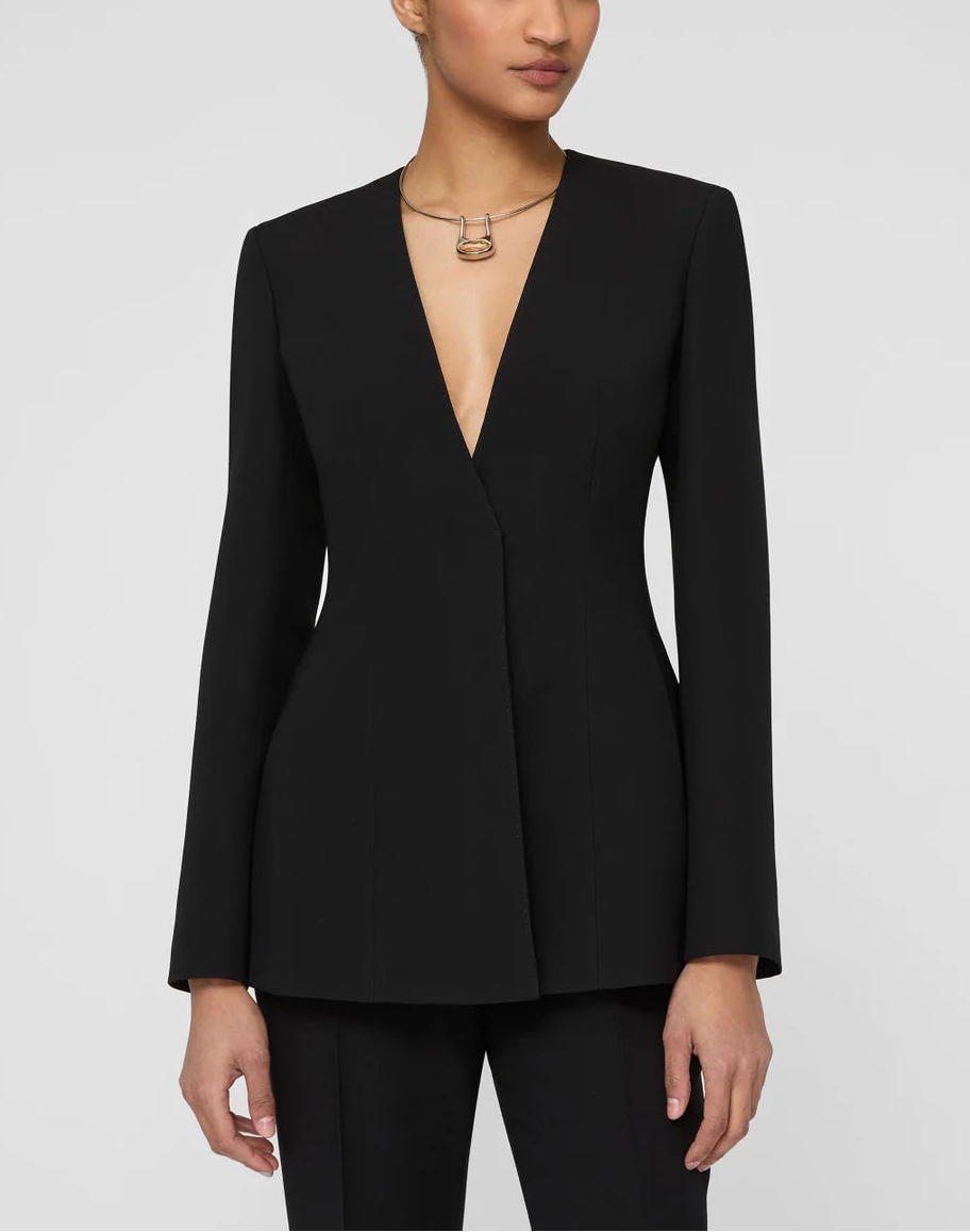 WOOL SILK CREPE COLLARLESS FITTED BLAZER