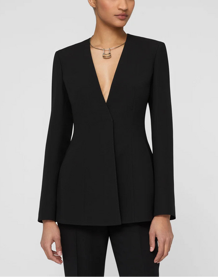 WOOL SILK CREPE COLLARLESS FITTED BLAZER
