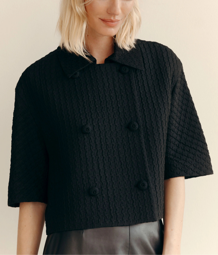 TEXTURED HOUNDSTOOTH DOUBLE BREASTED SHORT SLEEVE JACKET