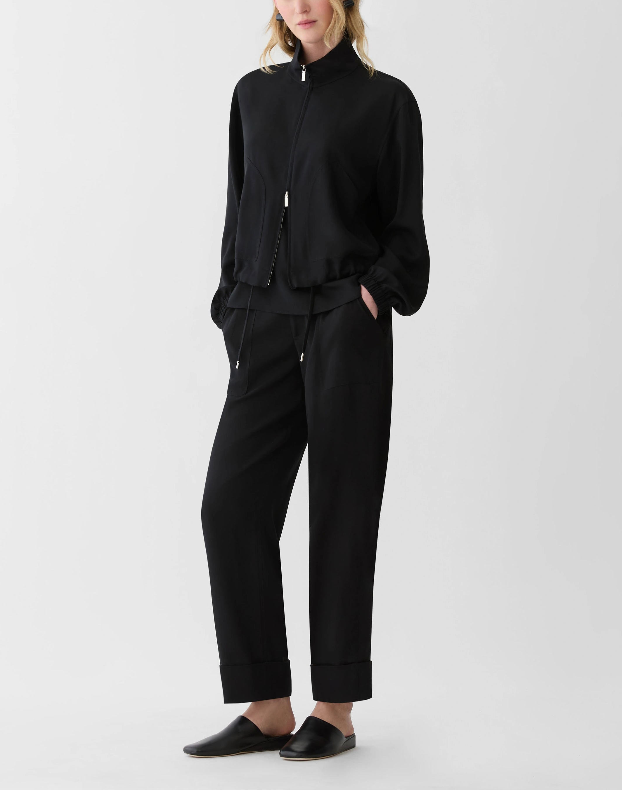 ORGANIC SILK STRETCH GEORGETTE ZIP FRONT BOMBER