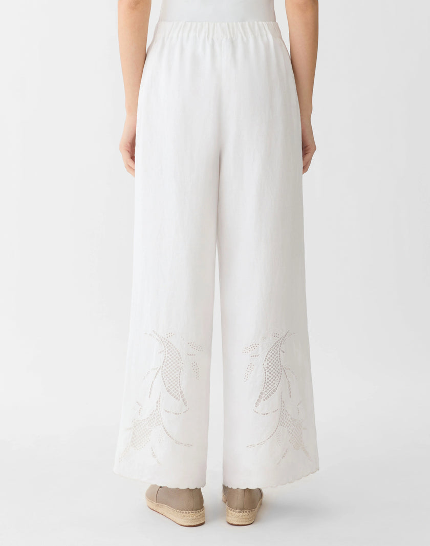 ORGANIC LINEN EMBROIDERED CUTOUT RIVERSIDE WIDE LEG PANT