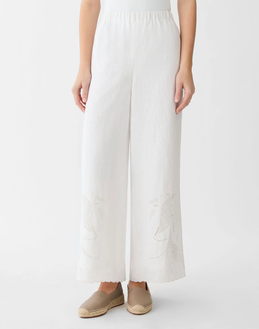 ORGANIC LINEN EMBROIDERED CUTOUT RIVERSIDE WIDE LEG PANT