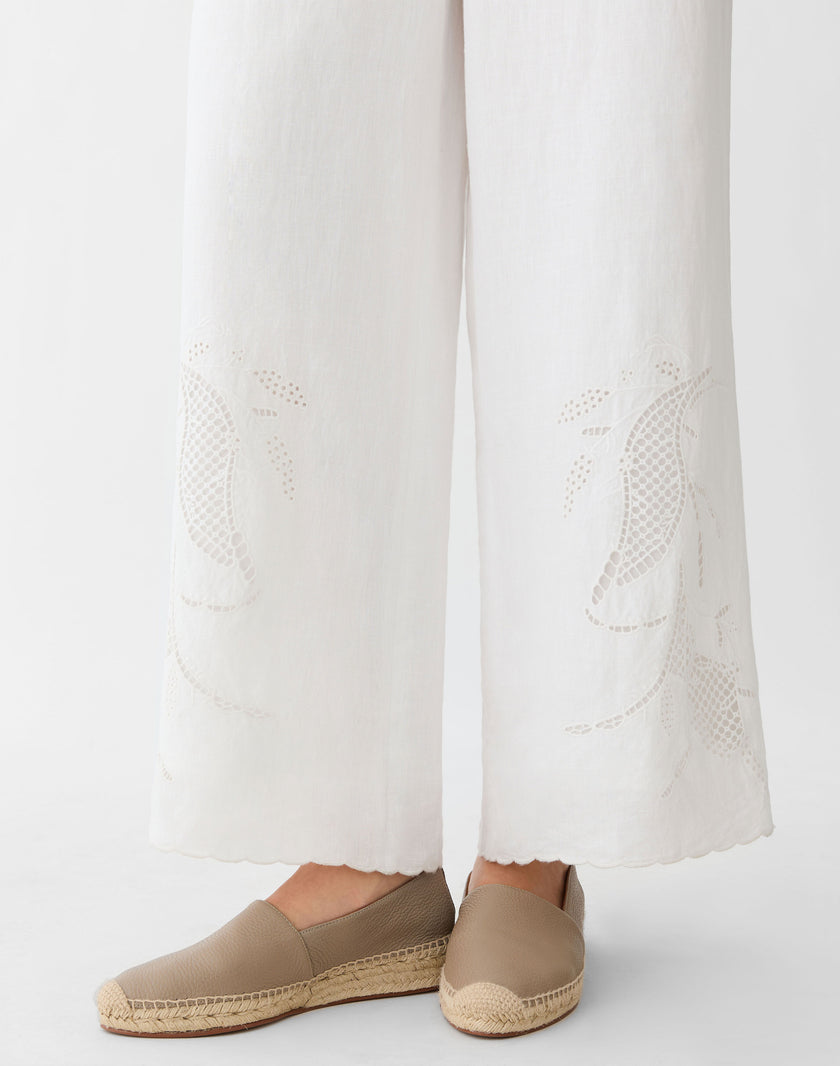 ORGANIC LINEN EMBROIDERED CUTOUT RIVERSIDE WIDE LEG PANT