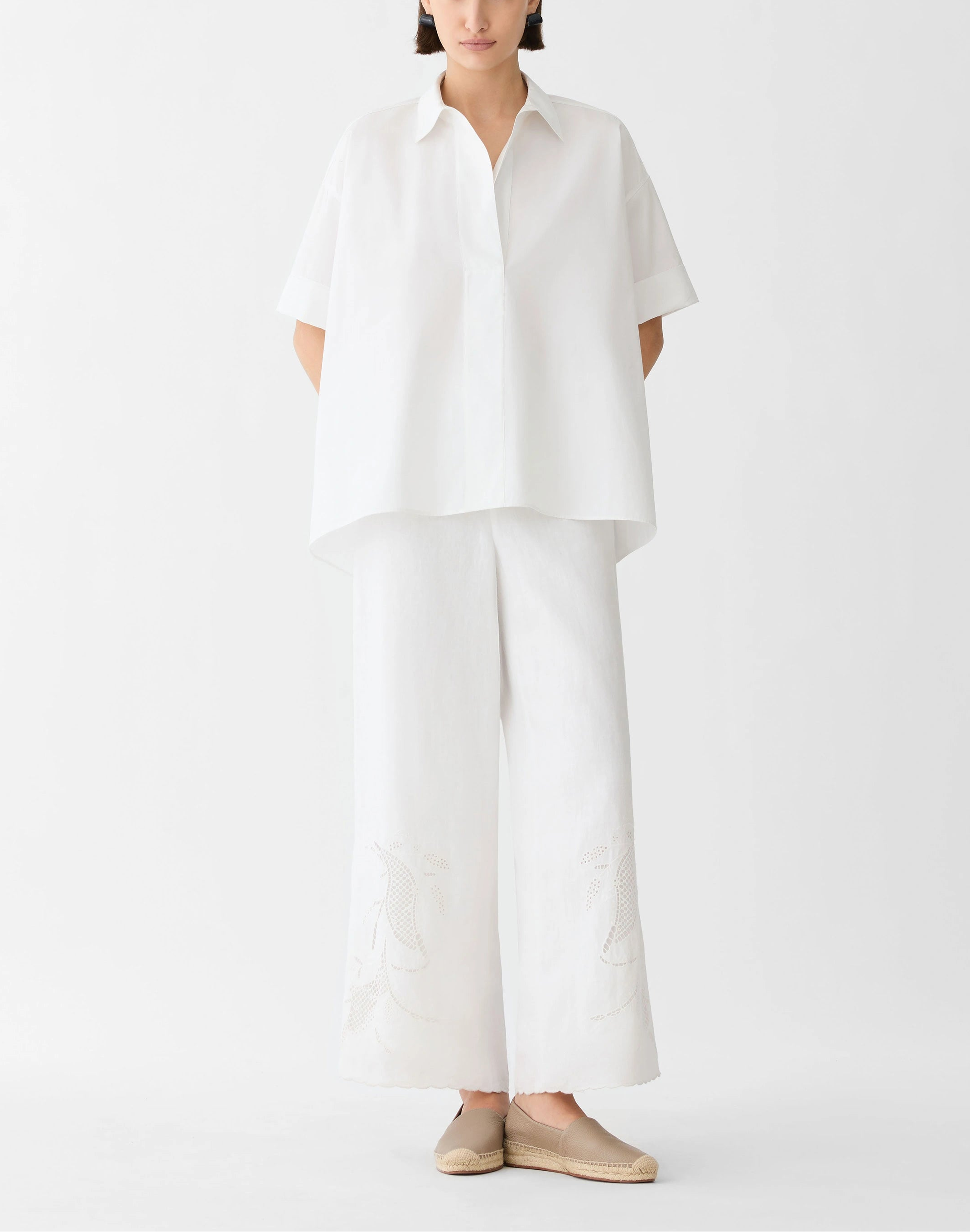 ORGANIC LINEN EMBROIDERED CUTOUT RIVERSIDE WIDE LEG PANT