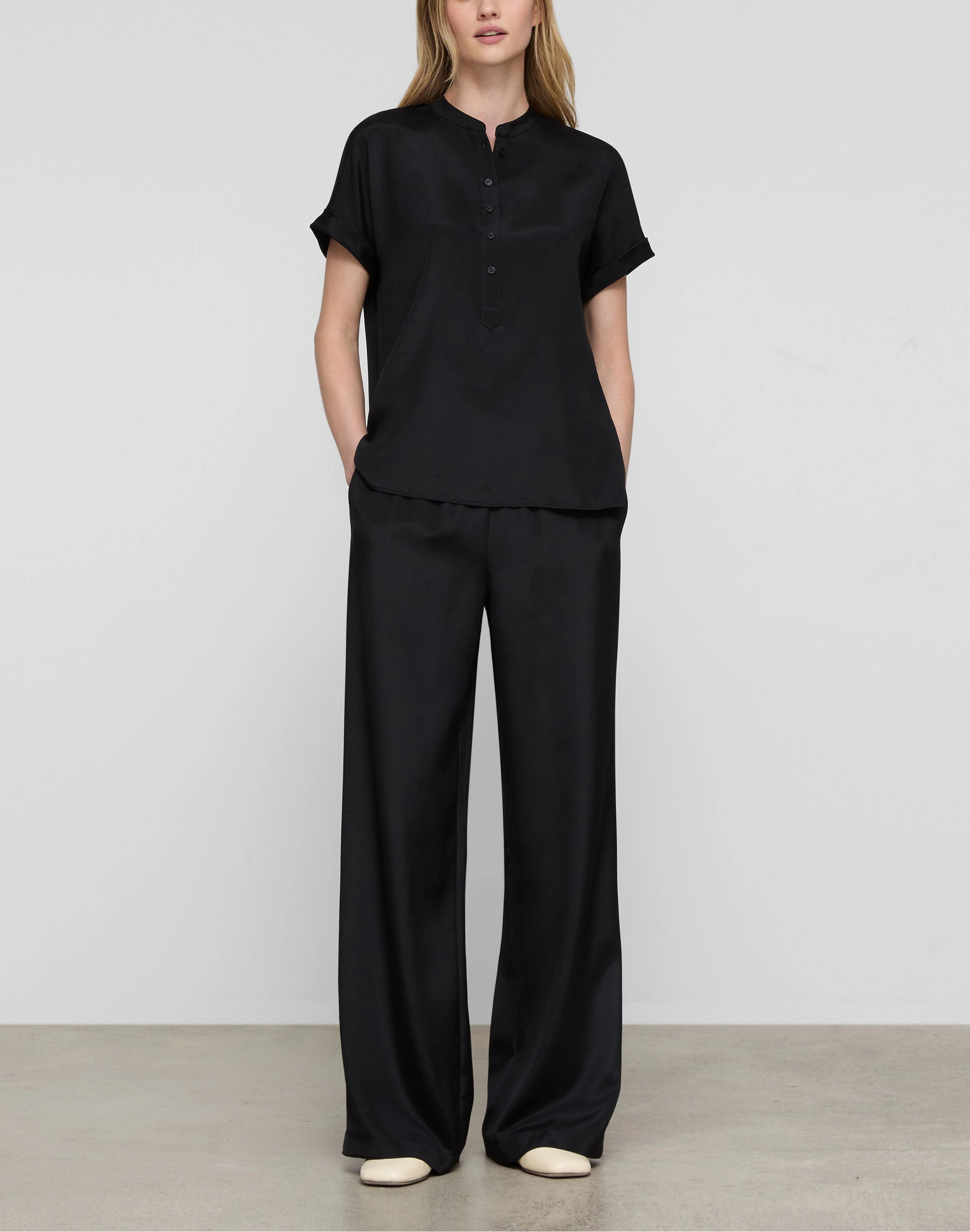 ORGANIC SILK STRETCH GEORGETTE PENN WIDE LEG PANT