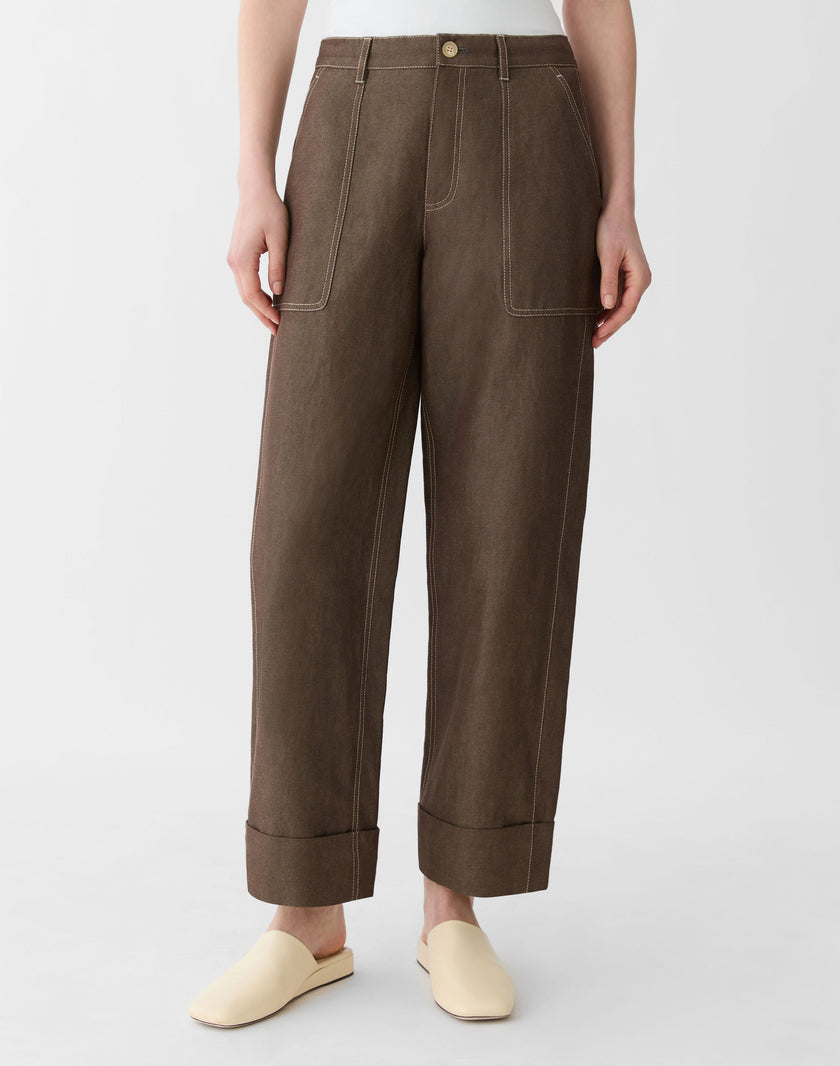 COTTON LINEN HIGHLINE STRAIGHT ANKLE PANT