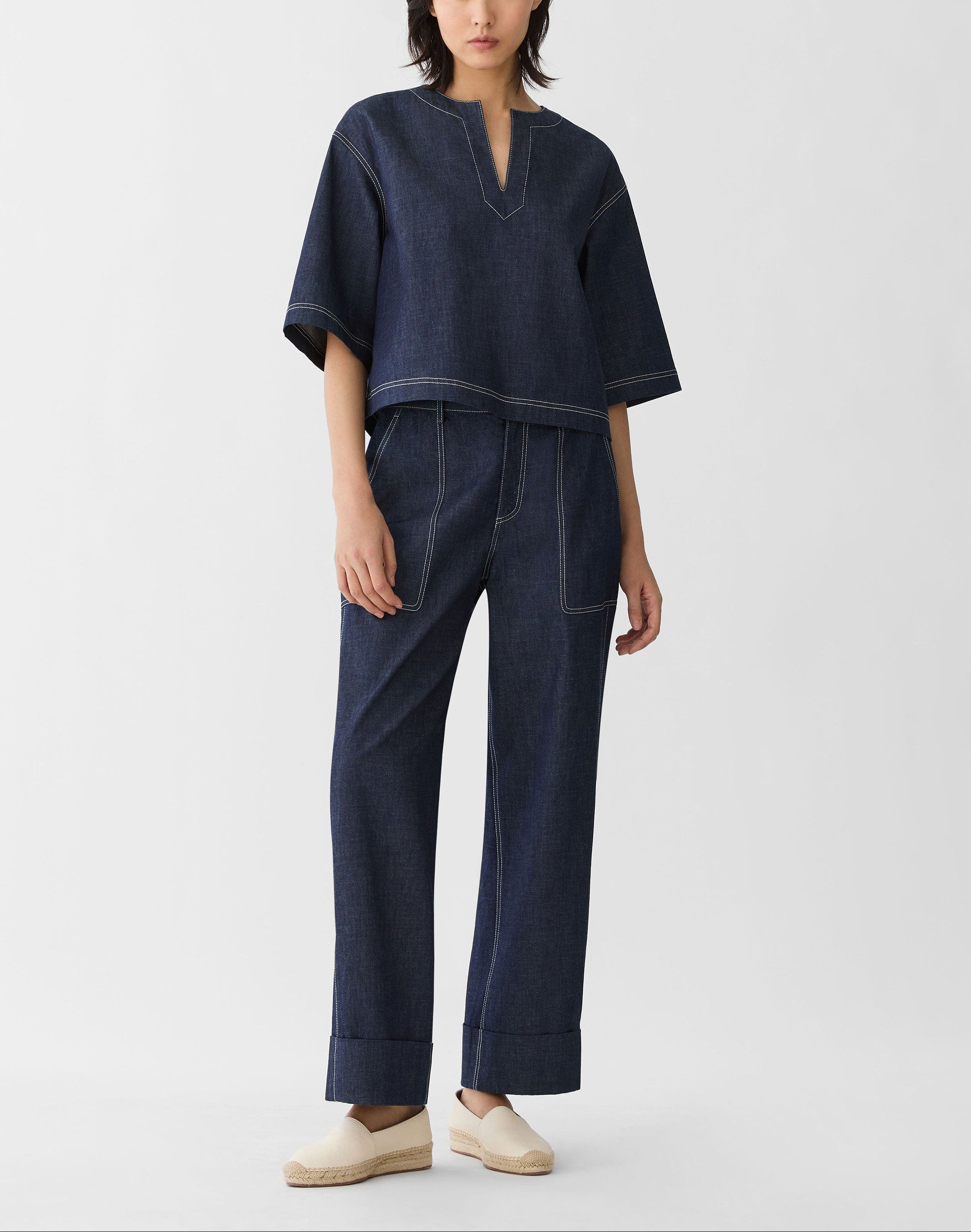 CHAMBRAY HIGHLINE STRAIGHT ANKLE PANT