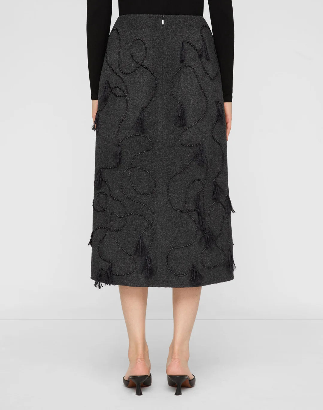 HAND EMBROIDERED TASSEL WOOL CASHMERE DOUBLE FACE SKIRT