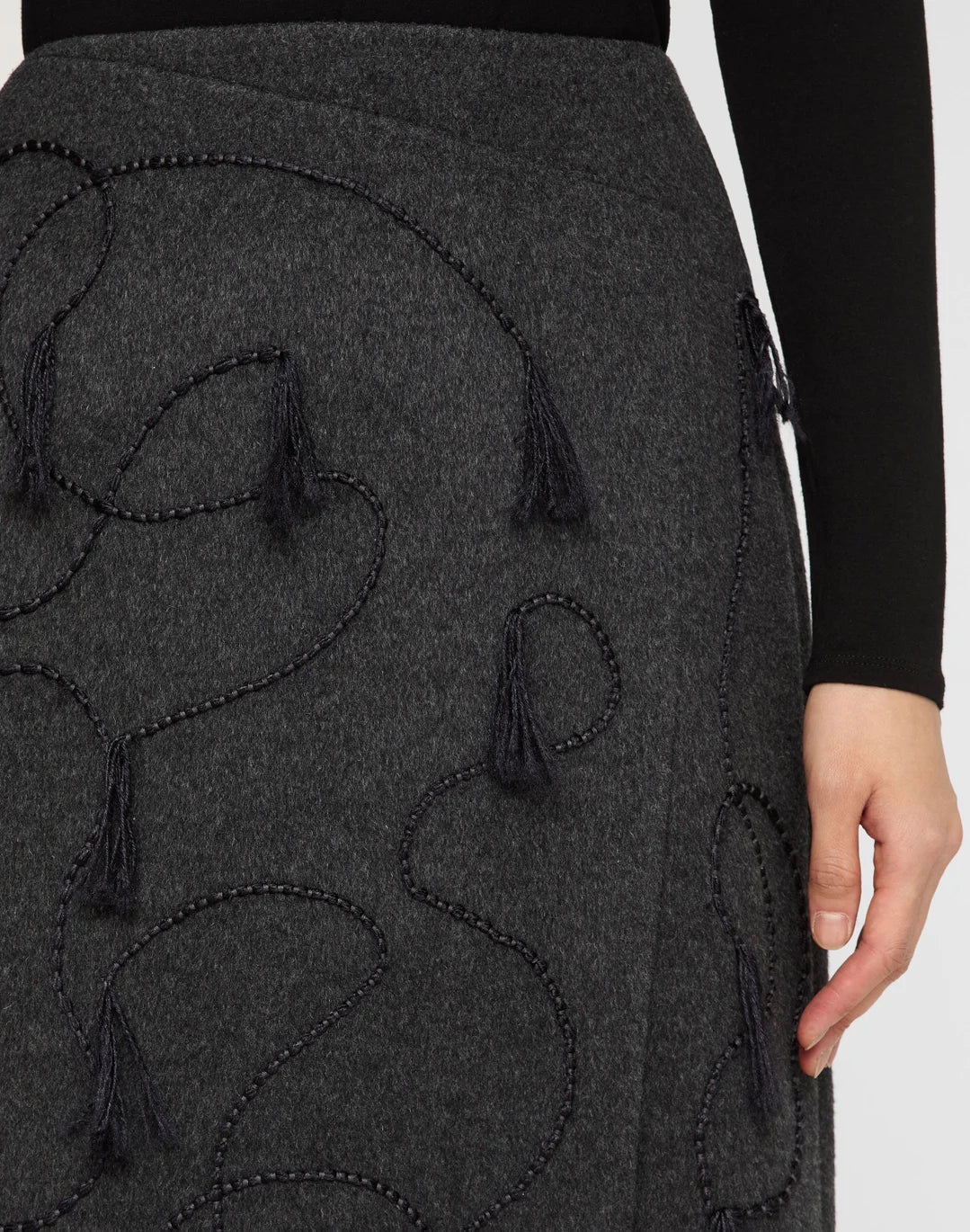 HAND EMBROIDERED TASSEL WOOL CASHMERE DOUBLE FACE SKIRT