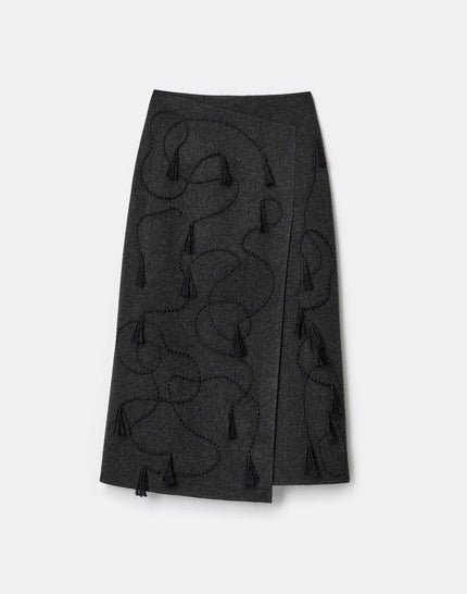 HAND EMBROIDERED TASSEL WOOL CASHMERE DOUBLE FACE SKIRT