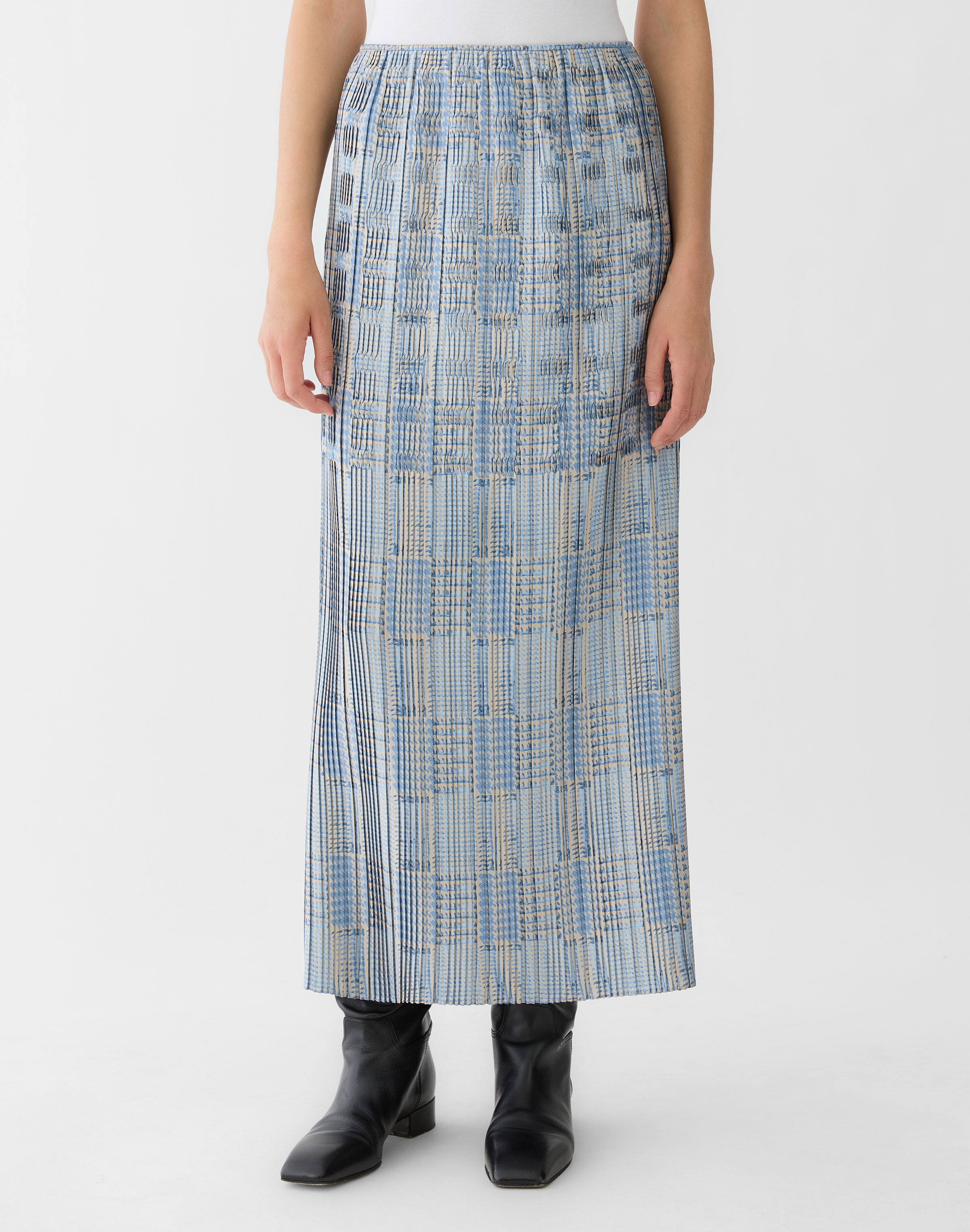 GLEN PLAID PRINT TWILL PLISSE SKIRT