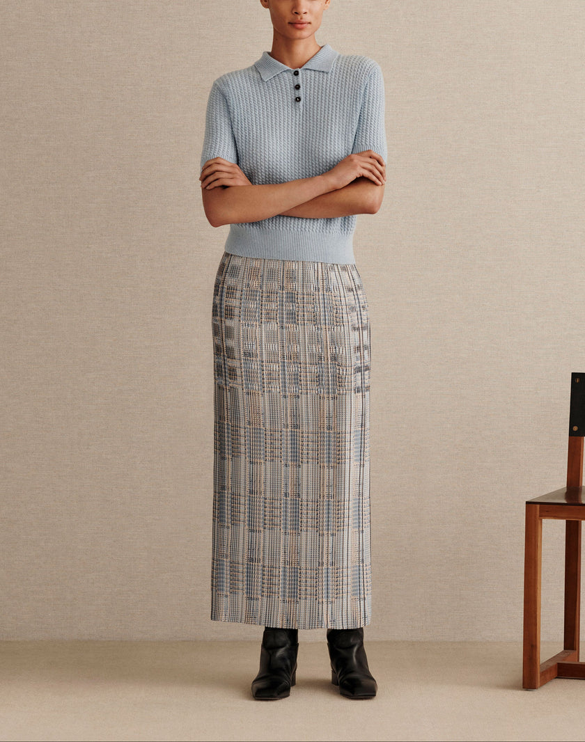 GLEN PLAID PRINT TWILL PLISSE SKIRT