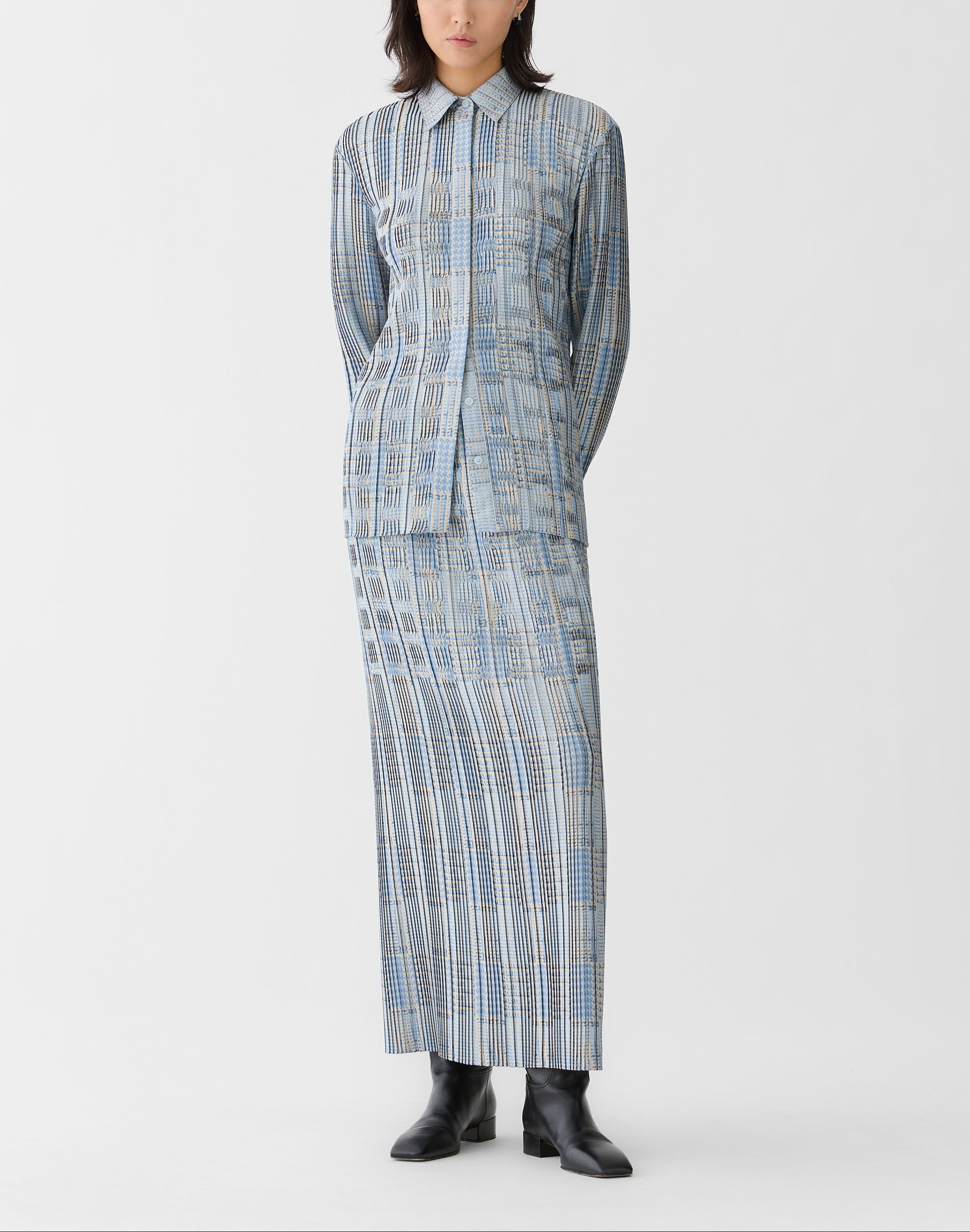 GLEN PLAID PRINT TWILL PLISSE SKIRT