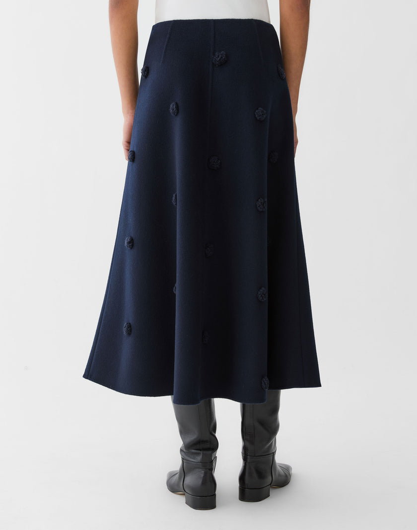 WOOL CASHMERE DOUBLE FACE EMBELLISHED POLKA DOT SKIRT