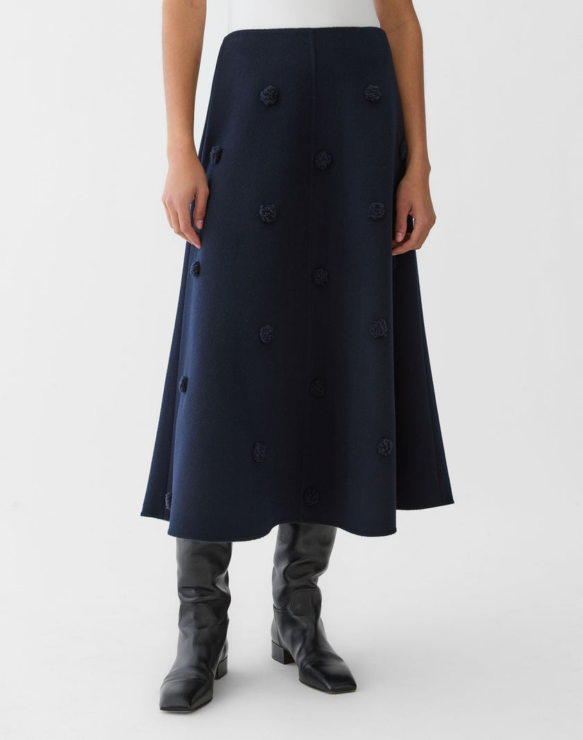 WOOL CASHMERE DOUBLE FACE EMBELLISHED POLKA DOT SKIRT