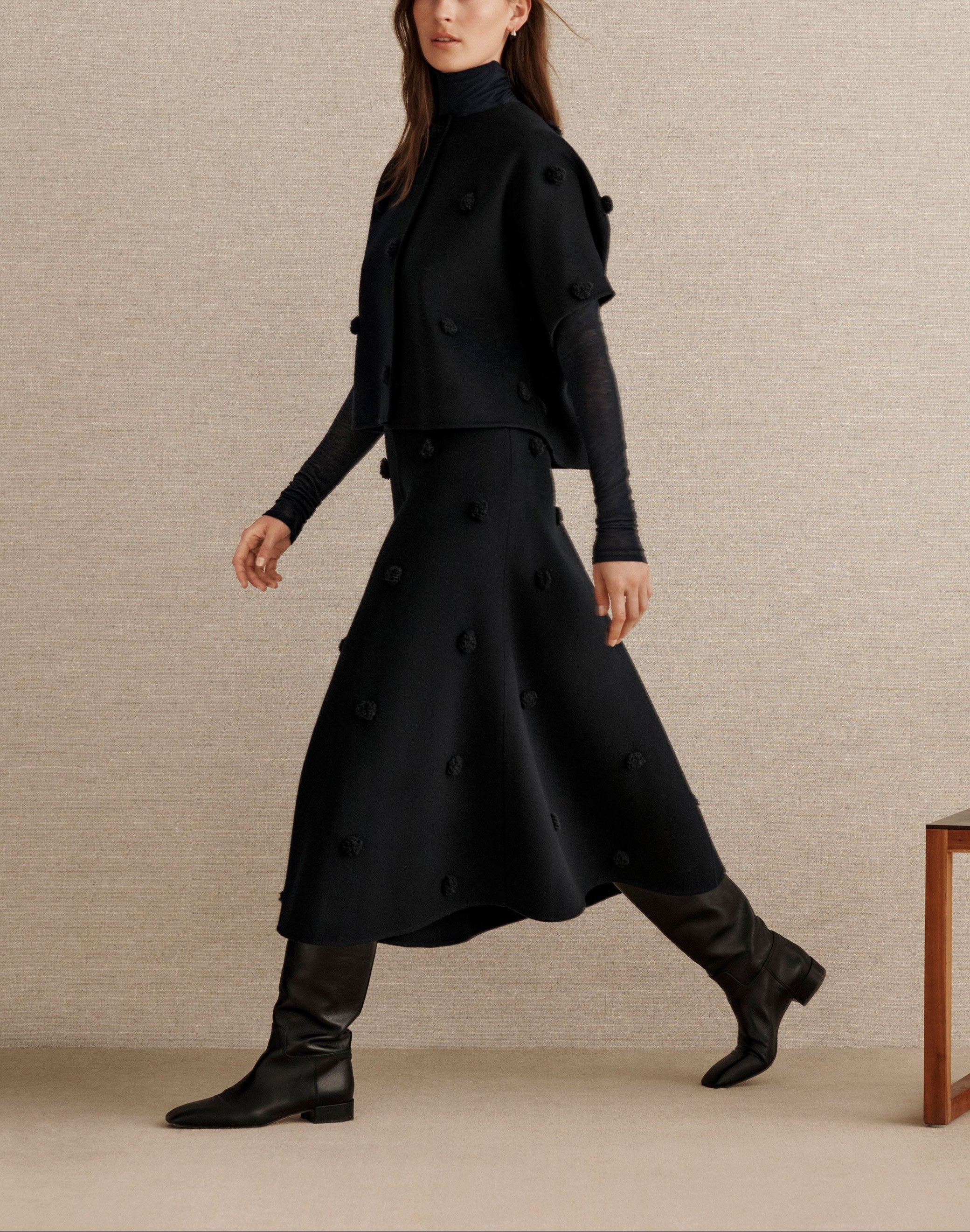 WOOL CASHMERE DOUBLE FACE EMBELLISHED POLKA DOT SKIRT
